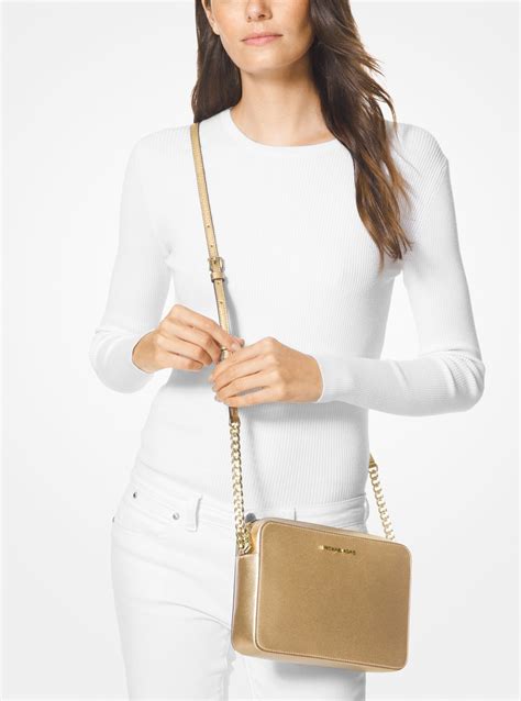 michael kors jet set travel large metallic leather crossbody|Michael Kors saffiano jet set.